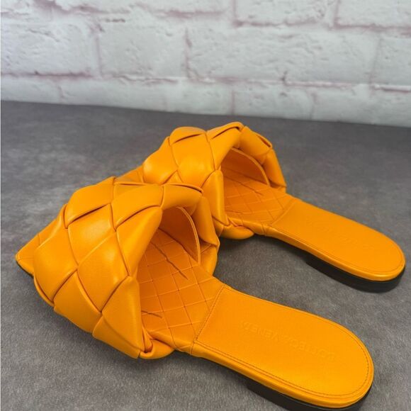 Bottega Veneta Lido Orange Woven Slide Maxi Flat Sandals NEW Lagoon Tangerine - Picture 4 of 14